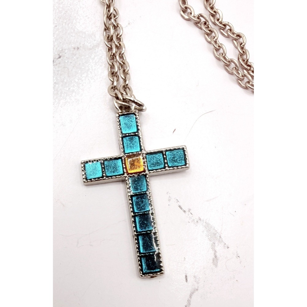 Turquoise Color Mosaic Style Cross Pendant Necklace 20" Religious Jewelry
